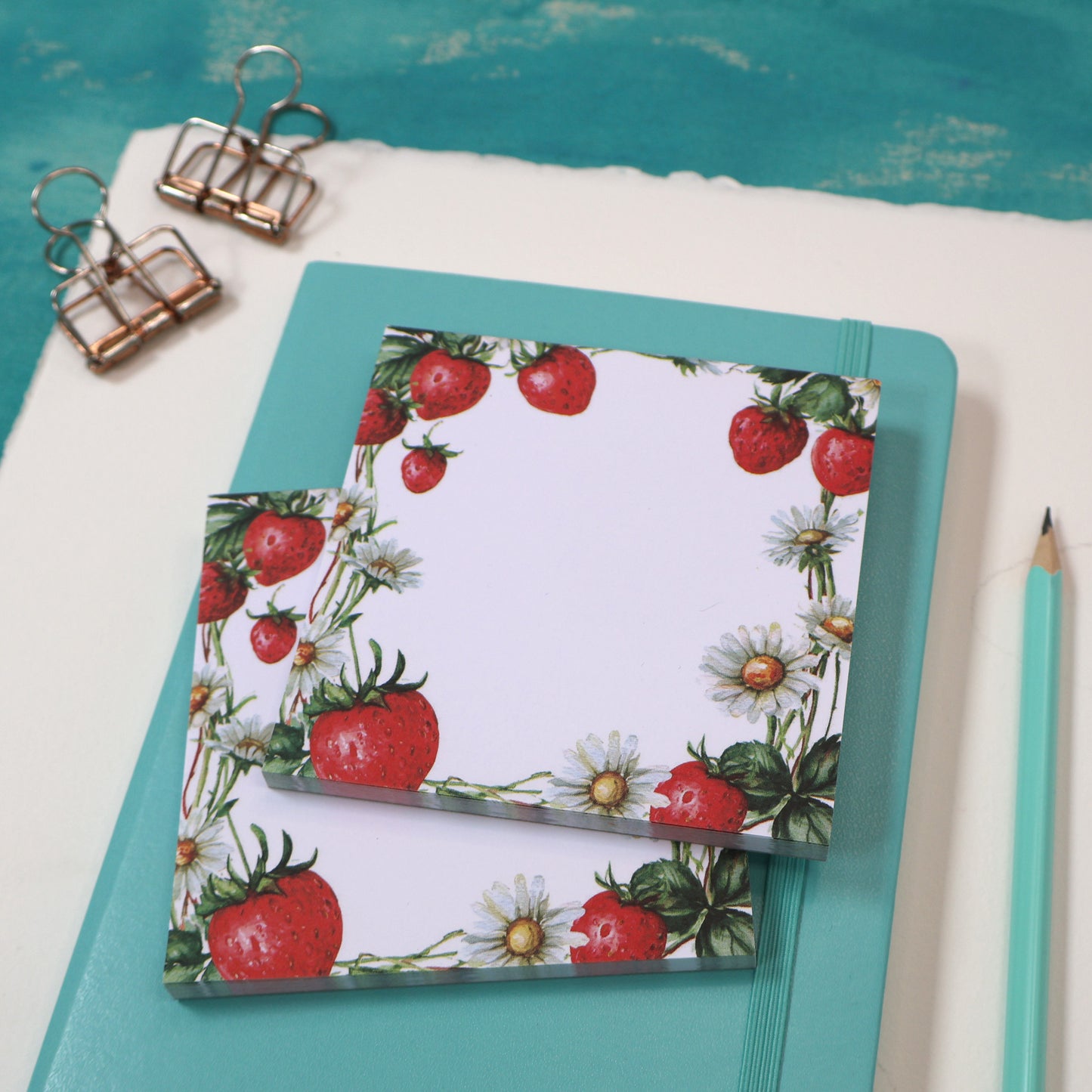 Strawberry Picnic Square Notepad – 10x10 cm Floral Summer Stationery