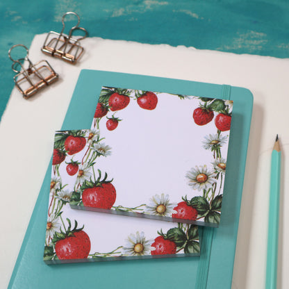 Strawberry Picnic Square Notepad – 10x10 cm Floral Summer Stationery