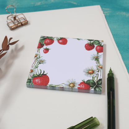 Strawberry Picnic Square Notepad – 10x10 cm Floral Summer Stationery
