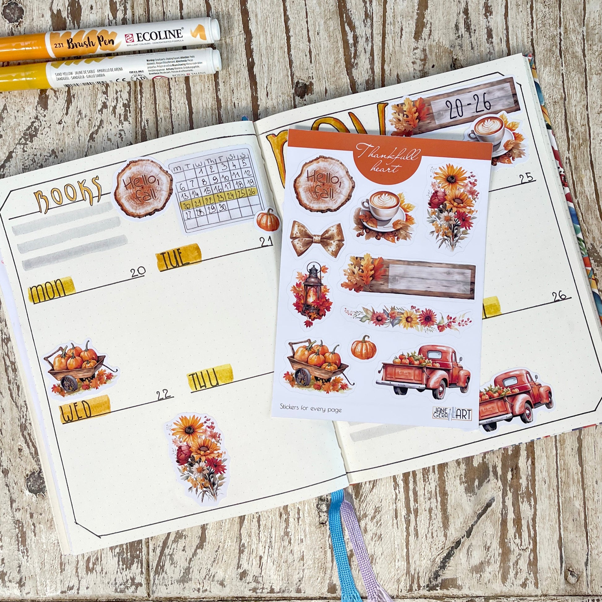 Thanksgiving decorative planner stickers, autumn leaves and pumpkin stickers