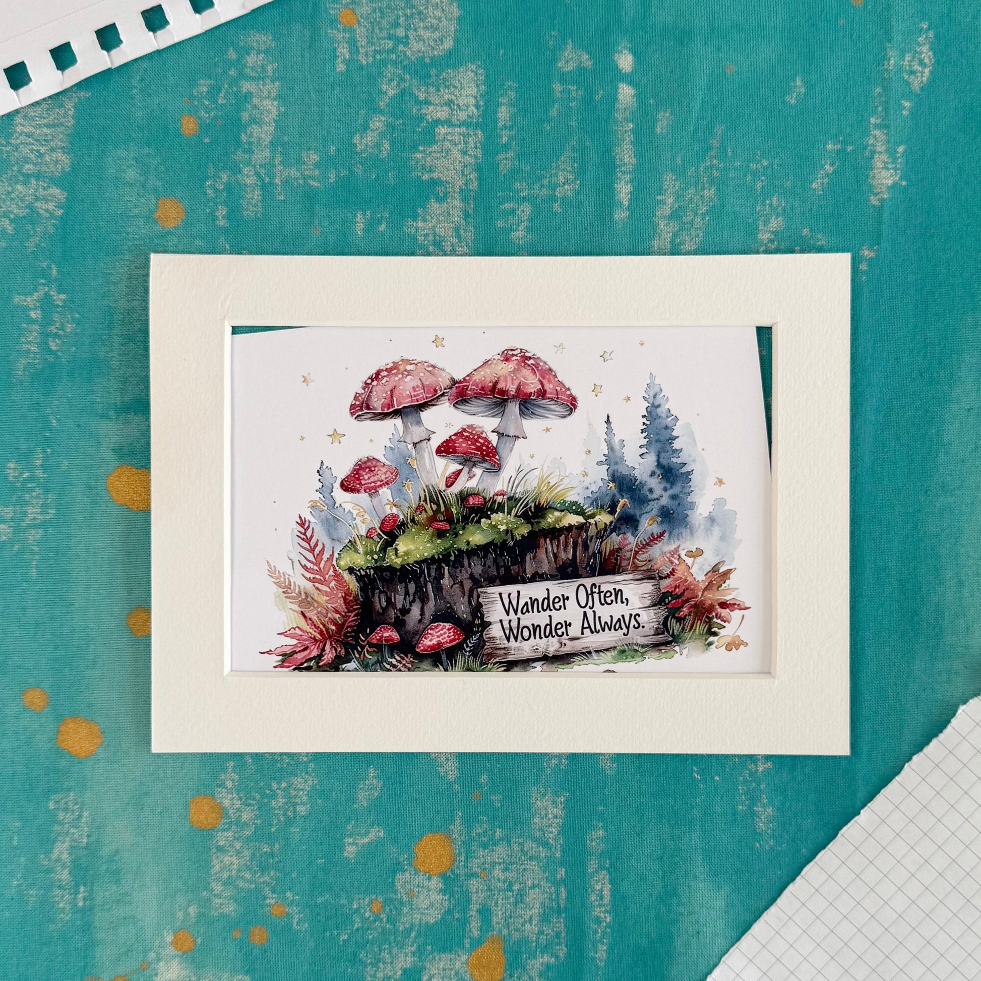 Framed artwork with mushrooms and a sign on a textured teal background