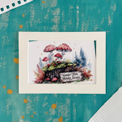 Framed artwork with mushrooms and a sign on a textured teal background