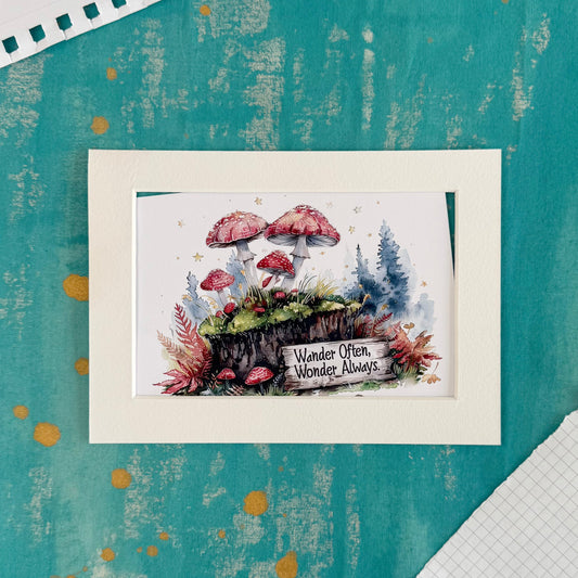 Framed artwork with mushrooms and a sign on a textured teal background