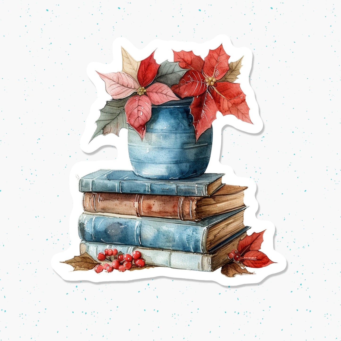A die-cut sticker featuring a watercolor illustration of a blue ceramic pot filled with red and pink poinsettias, placed on top of a stack of vintage books with small red berries at the base, shown on a white speckled background.