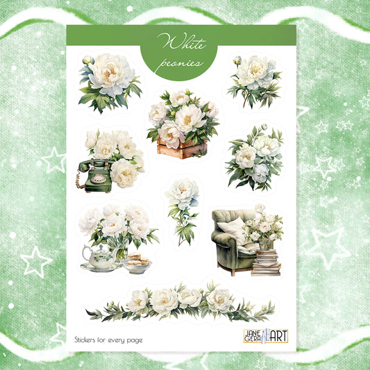 White Peonies bujo stickers Spring flowers stickers