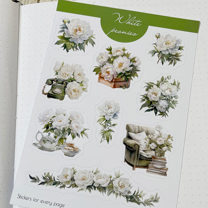 White Peonies bujo stickers Spring flowers stickers, jane gera art, art bujo stickers, artbujostickers.com