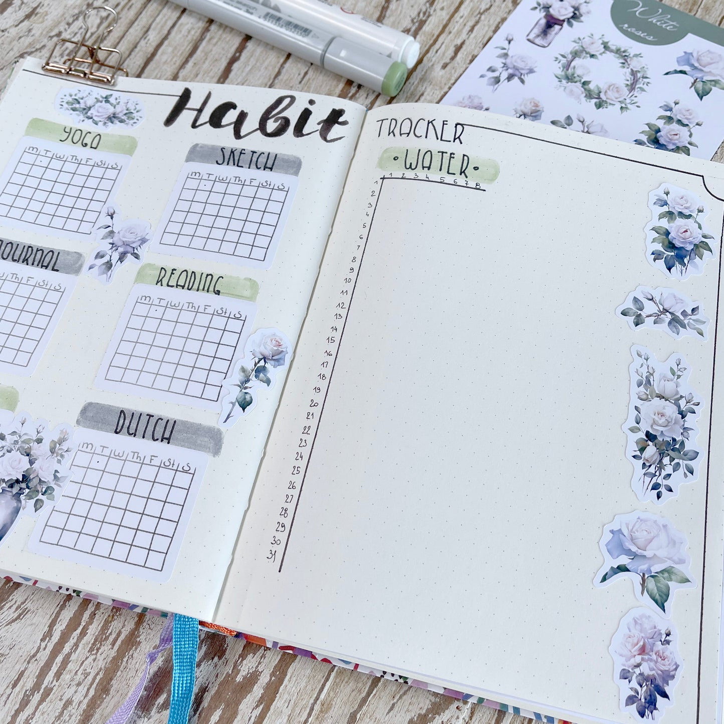 Bujo-stickers van witte rozen