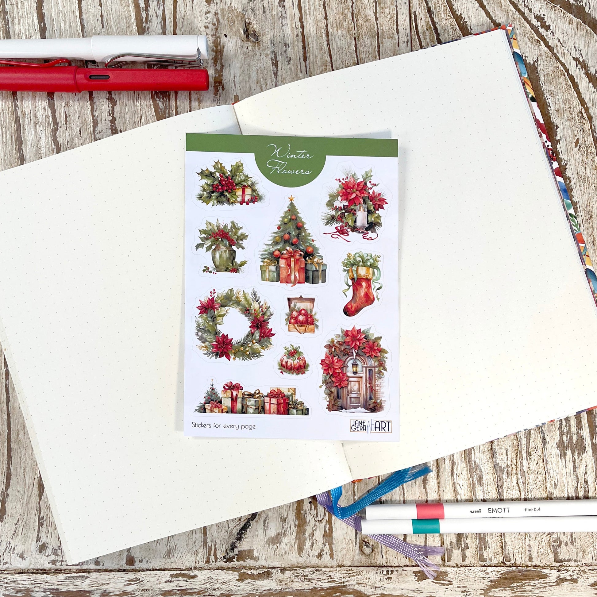 stickers with poinsettia flowers and christmas tree