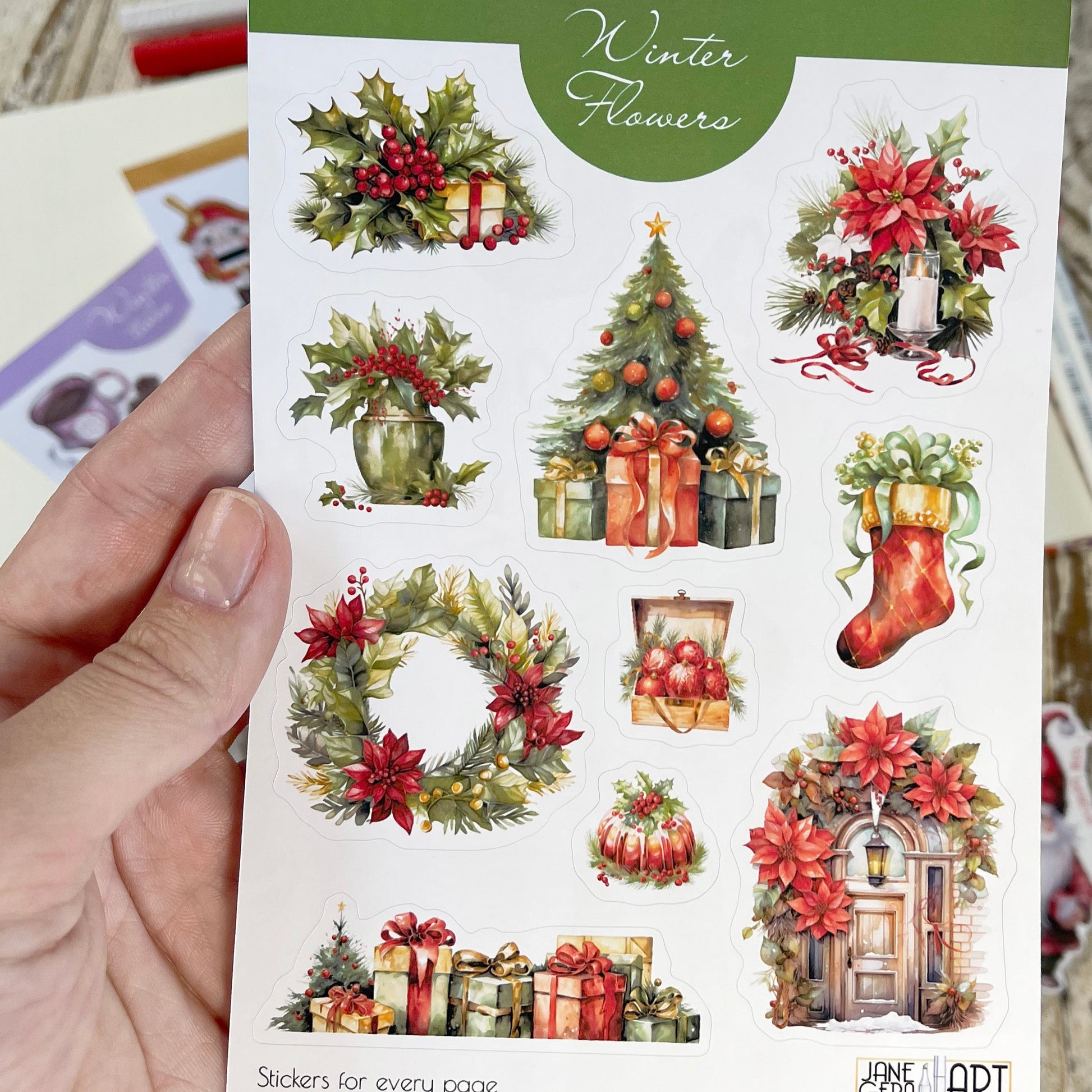 stickers with poinsettia flowers and christmas tree