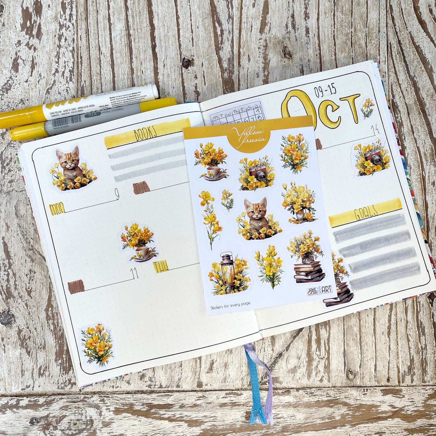 Yellow Freesia bujo stickers Fall flowers planner stickers