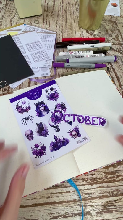 Paarse heksenbujo-stickers Halloween-plannerstickers