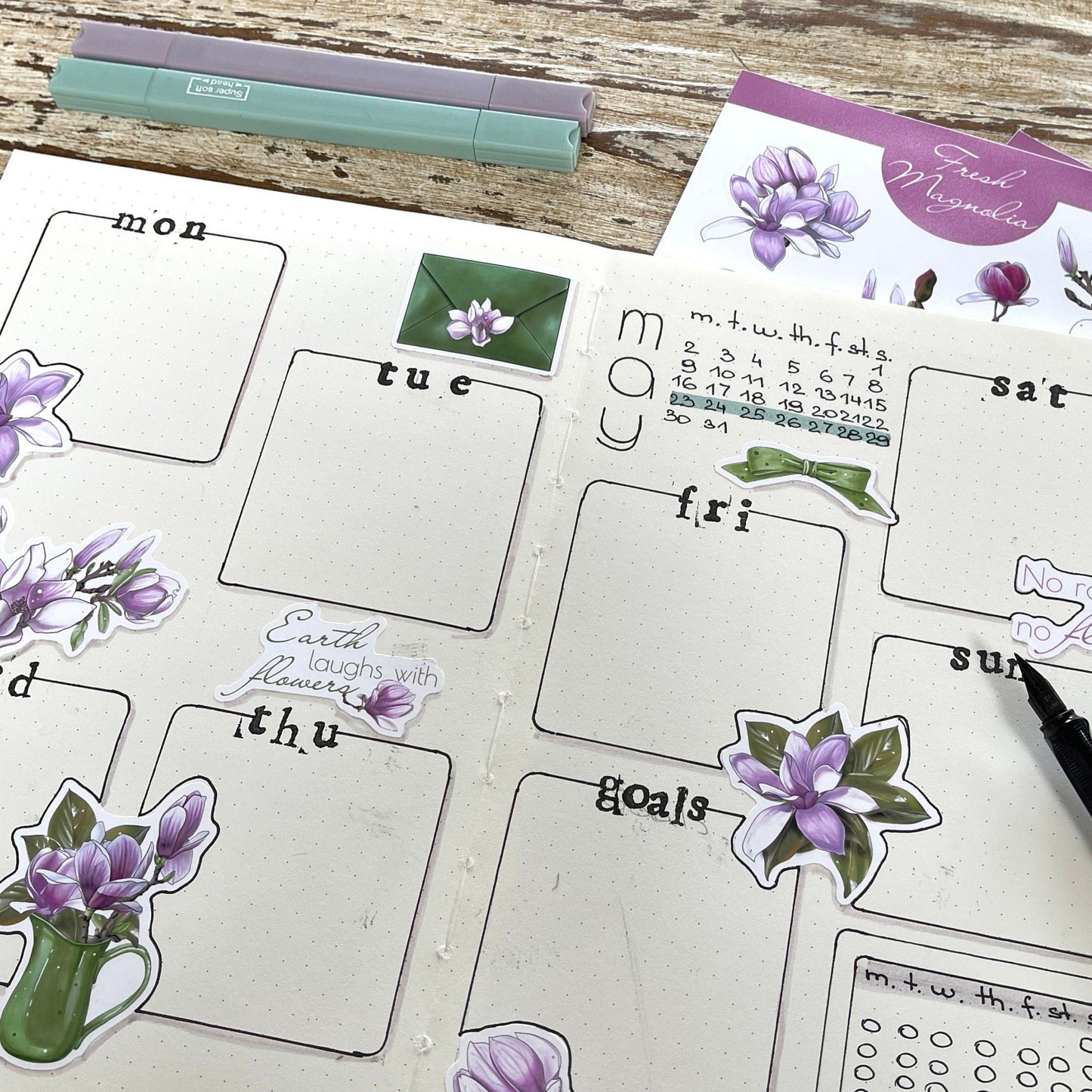 Magnolia flower bujo sticker set