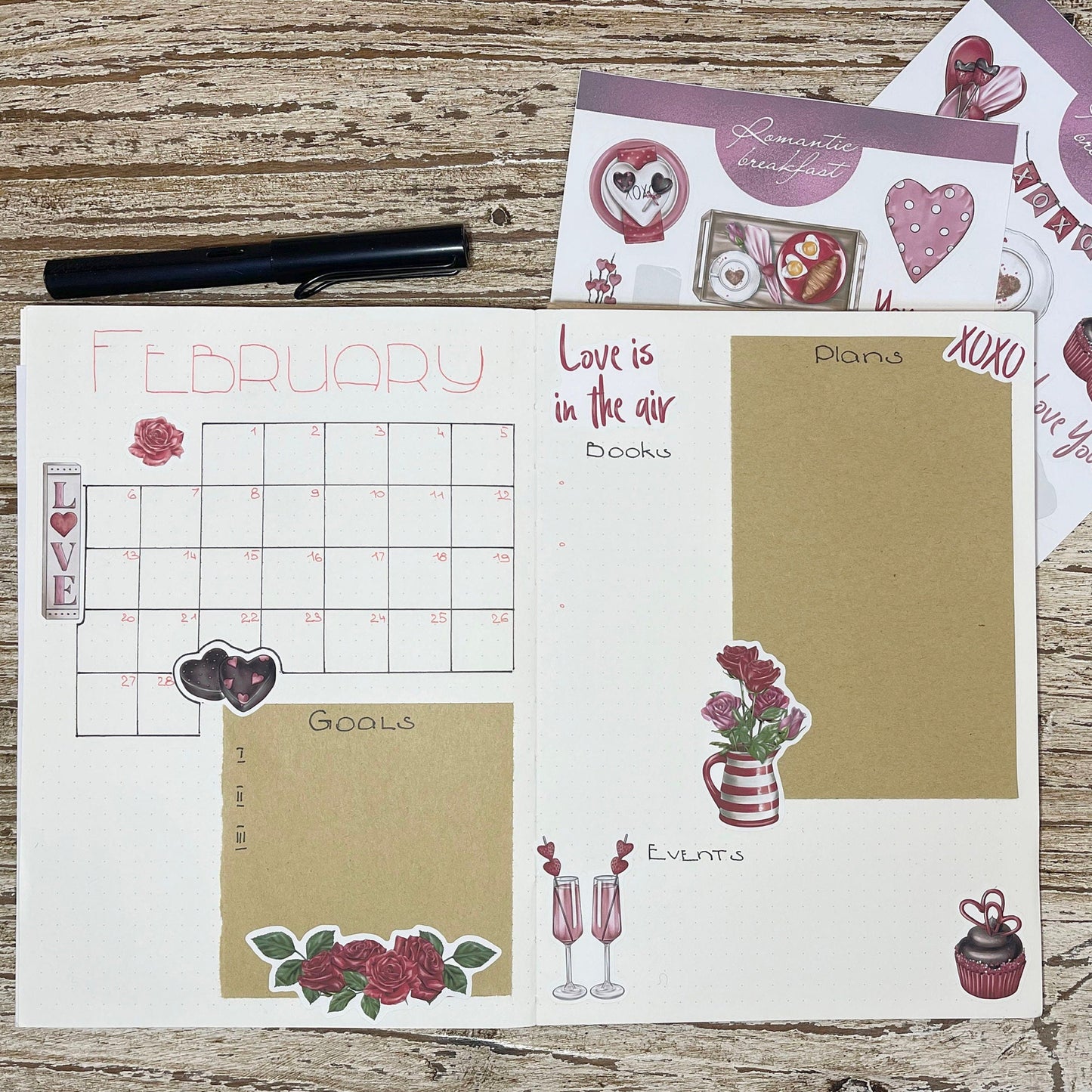 Romantisch ontbijt Valentijnsdag bujo stickers set