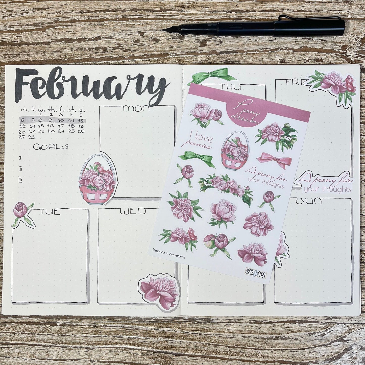 Peony flower planner stickers