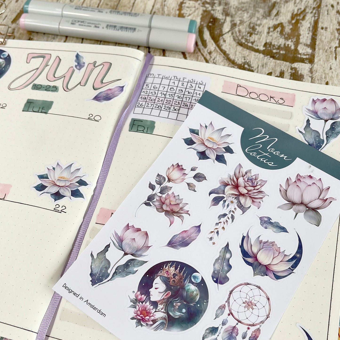 Celestial stickers Lotus flower and Moon sticker set