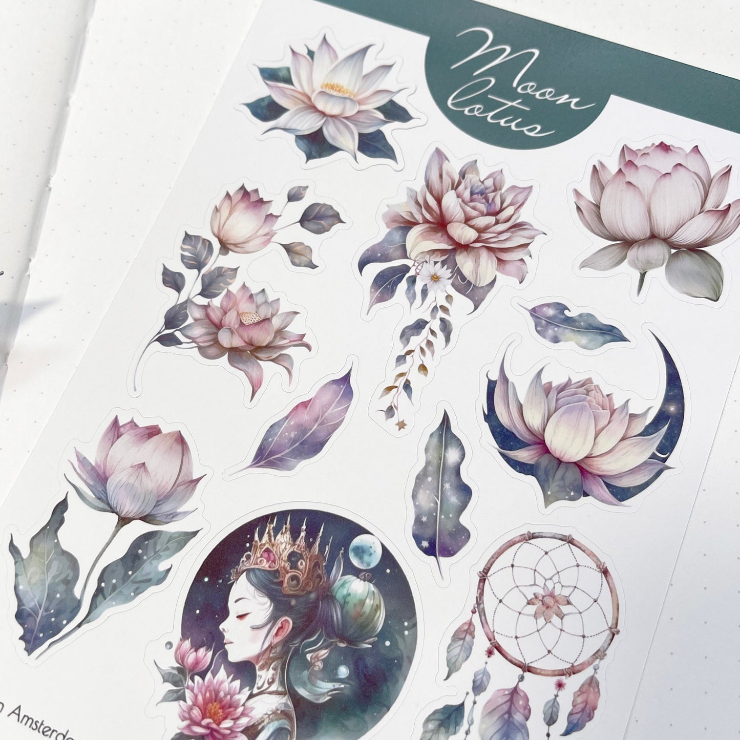 Celestial stickers Lotus flower and Moon sticker set