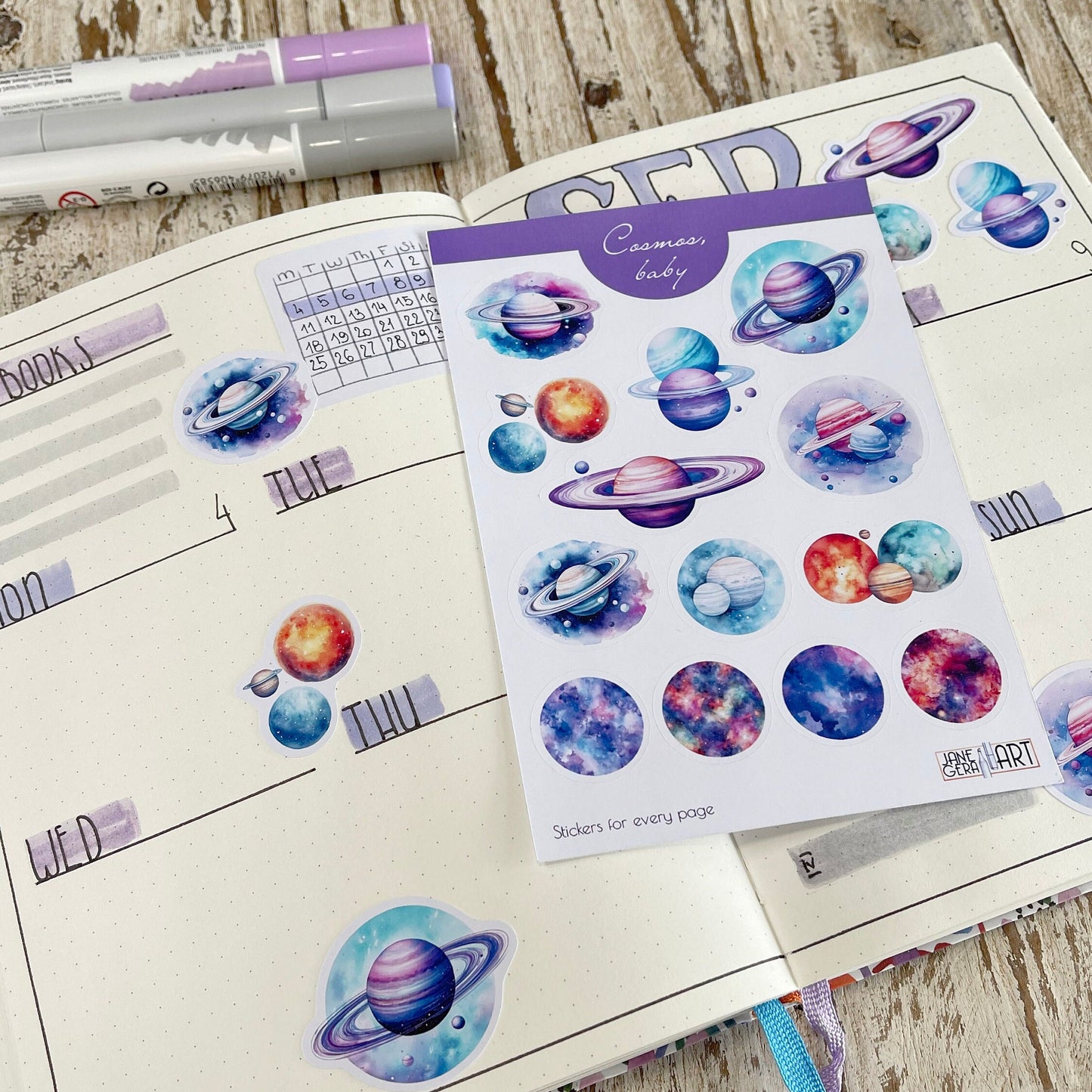 Ruimtestickers Aquarel planeten planner stickers