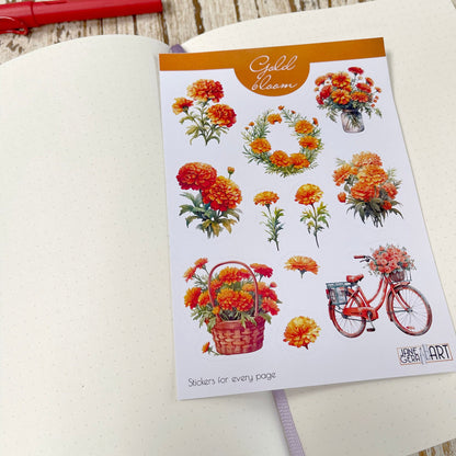 Marigold sticker sheet Floral stickers for planning and journaling