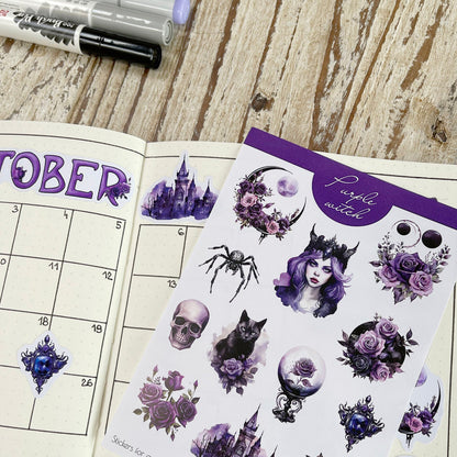 Paarse heksenbujo-stickers Halloween-plannerstickers