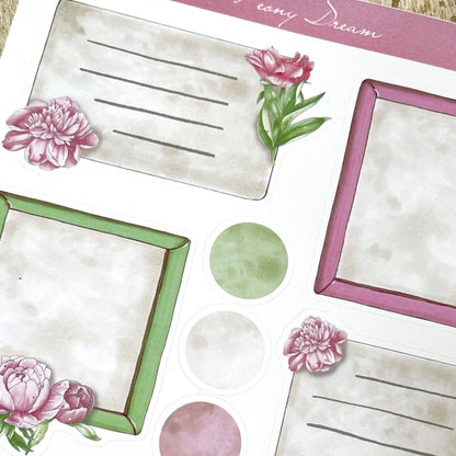 Pink peony planner stickers Washi stripes and Frames